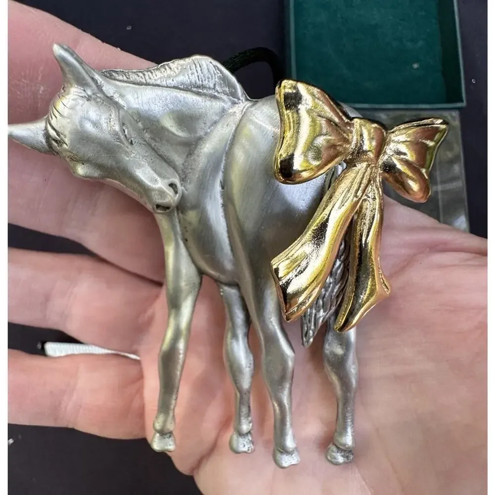 Pewter Horse with Bow Ornament, Uniquely Equine, made in Canada MIB -S1T